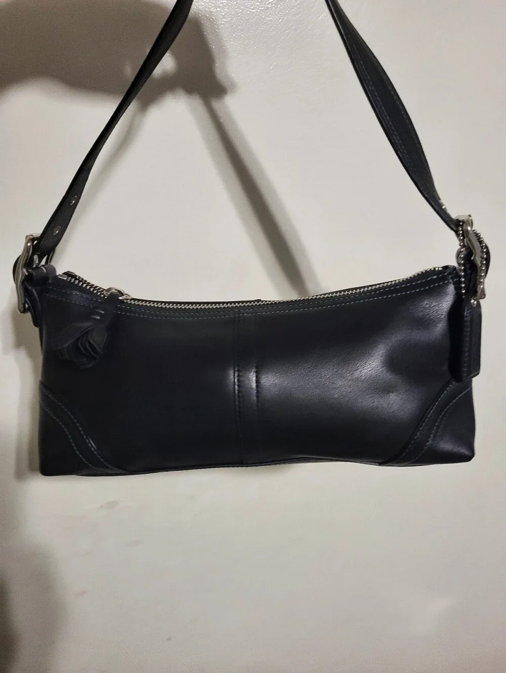 COACH East West Hampton Demi Baguette. Black With Blue Leather Undertones
